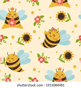 Honey Bee kids seamless pattern, cute bumble bee digital paper, cartoon insects and summer flowers, nursery seamless background for baby textile, scrapbooking, wrapping paper, wallpaper