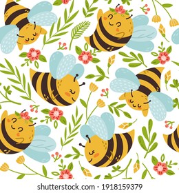 Honey Bee Kids Seamless Pattern, Cute Bumble Bee Digital Paper, Cartoon Insects And Summer Flowers, Nursery Seamless Background For Baby Textile, Scrapbooking, Wrapping Paper, Wallpaper