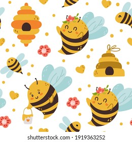 Honey Bee kids seamless pattern, cute bumble bee digital paper, cartoon insects and summer flowers, nursery seamless background for baby textile, scrapbooking, wrapping paper, wallpaper