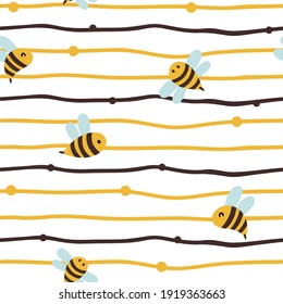 Honey Bee Kids Seamless Pattern, Cute Bumble Bee And Strips Digital Paper, Cartoon Insects And Summer Flowers, Nursery Seamless Background For Baby Textile, Scrapbooking, Wrapping Paper, Wallpaper