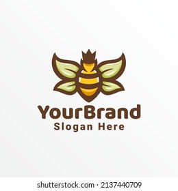 honey bee with king, queen crown and leaf natural nature honey hive product logo design