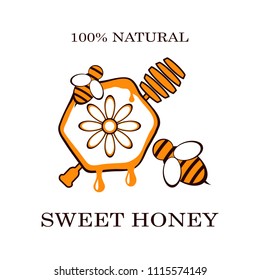 Honey and bee labels for honey logo products badges, isolated on white background. Design elements. Vector illustrations