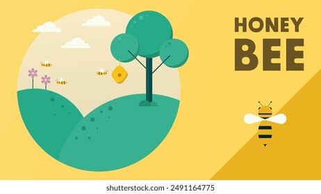 Honey bee landscape illustration with a tree, a bee hive, bees, flowers, and clouds.