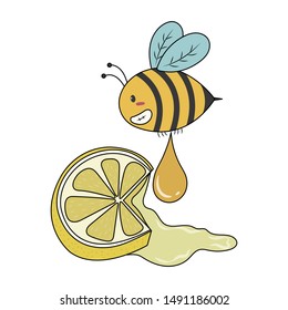 Honey bee and lemon vector illustration. Mixture between honey and lemonade. 