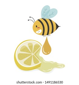 Honey bee and lemon vector illustration. Mixture between honey and lemonade. 