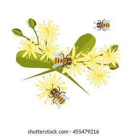 Honey bee with linden blossom vector. Bee healthy vector orange honeycomb linden blossom hexagon nature flowers. Beehive linden blossom gold pattern honey bee design shape organic hive linden blossom.