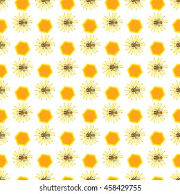 Honey bee with linden blossom vector. Bee seamless pattern honeycomb linden blossom hexagon nature flowers. Linden blossom bee seamless pattern honey bee design shape organic hive linden blossom.