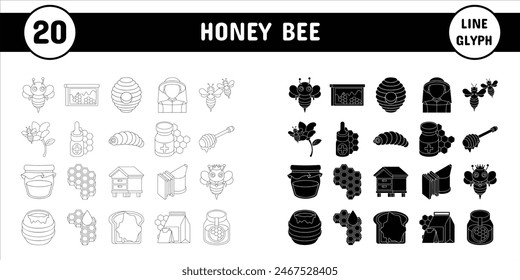 Honey Bee Line Glyph Vector Illustration Icon Sticker Set Design Materials