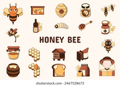Honey Bee Lineal Color Vector Illustration Icon Sticker Set Design Materials