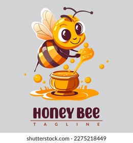 Honey Bee Logo Cartoon Character. bee flying with a delicious honey. Vector logo illustration.