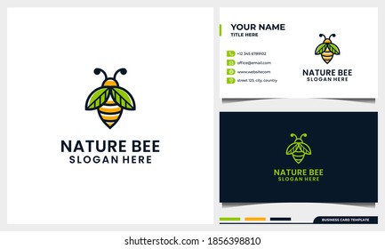 honey bee logo design template with nature wing leaf  line art concept and business card template