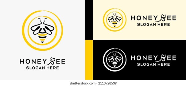 honey bee logo design template with line art concept, bee element in circle. premium vector logo illustration