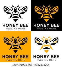 Honey bee logo design template with vector illustration. Flying honey bee icon symbol in line, flat, and color style. Vector illustration