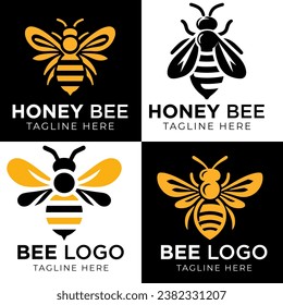 Honey bee logo design template with vector illustration. Flying honey bee icon symbol in line, flat, and color style. Vector illustration