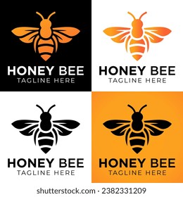 Honey bee logo design template with vector illustration. Flying honey bee icon symbol in line, flat, and color style. Vector illustration