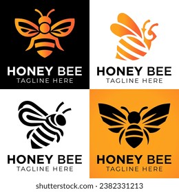 Honey bee logo design template with vector illustration. Flying honey bee icon symbol in line, flat, and color style. Vector illustration