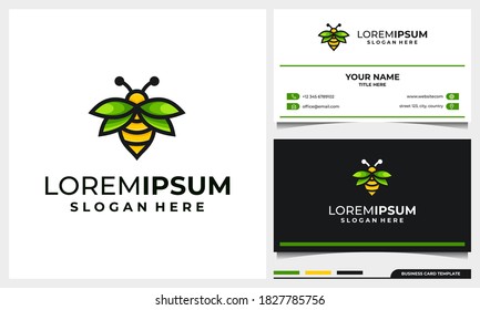 diseño del logotipo de abejas miel con concepto de hoja de ala y plantilla de tarjeta de visita