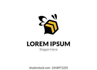 Honey bee logo with hexagonal shape in flat vector design style