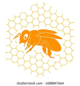 Honey bee. Honey logo with a bee and honeycomb in orange color isolated on white background. Can be used for decoration for  package with honey products. Logo, print backgrounds, packing bags.