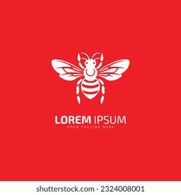 Honey bee logo icon vector design template illustration silhouette white bee isolated on red background.