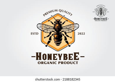 Ilustración con el logotipo de Honey Bee. Diseño de ilustraciones para insectos de miel, logotipo para productos orgánicos. Elemento respiratorio, insignia de plaga o tatuaje. Tema de la biología y la entomología.