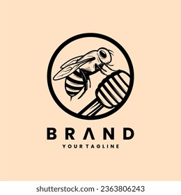 Honey bee logo illustration design. Logo template vector. Black and white