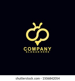 Honey Bee Logo With Luxury, Gold Colour Isolated In Black Background. Vector Illustration