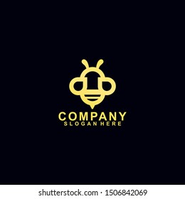 Honey Bee Logo With Luxury, Gold Colour Isolated In Black Background. Vector Illustration