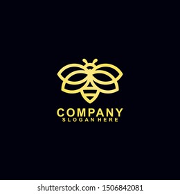 Honey Bee Logo With Luxury, Gold Colour Isolated In Black Background. Vector Illustration