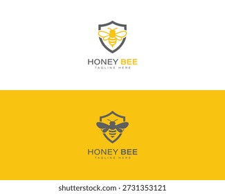 Logotipo de la abeja de la miel con el escudo para la marca. Abeja de miel con escudo de marca y logotipos de apicultura.