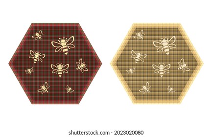Honey Bee Logo Template. Bees In The Honeycomb Vector illustration. Honey Bee In The Honeycomb With Textile Texture
