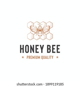 Honey bee logo template. Hand drawn vintage style illustrations