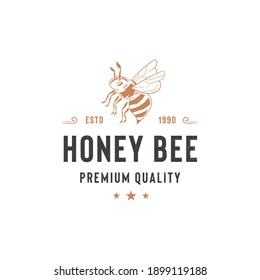 Honey bee logo template. Hand drawn vintage style illustrations