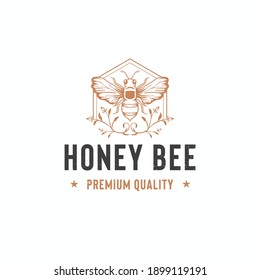 Plantilla del logotipo de la abeja miel. Ilustraciones de estilo vintage dibujadas a mano