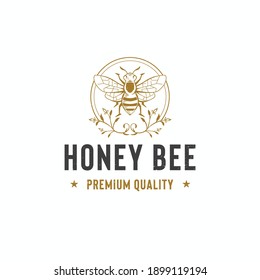 Honey bee logo template. Hand drawn vintage style illustrations