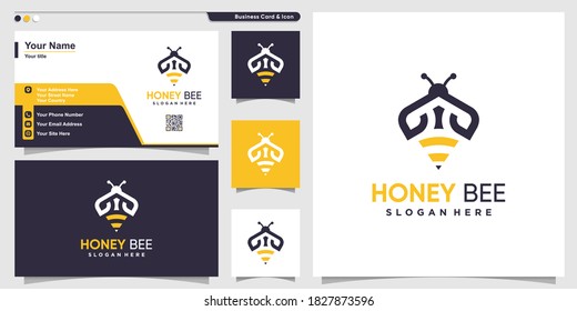 Honey bee logo with unique outline style and business card design Premium Vector