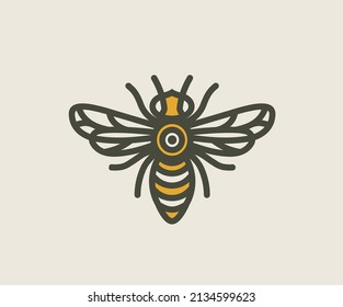 Icono de contorno de línea vectorial del logotipo de abeja de miel en la moderna ilustración de estilo clásico vintage de hipster. Logo de insectos