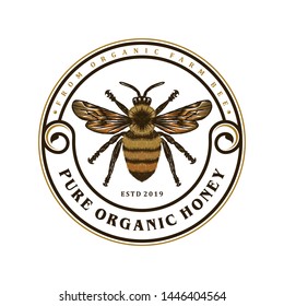 Honey bee logo vintage, label product hand drawn style.