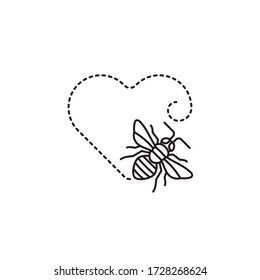 Honey bee moving on heart-shaped path vector line icon. Insect appreciation outline symbol.