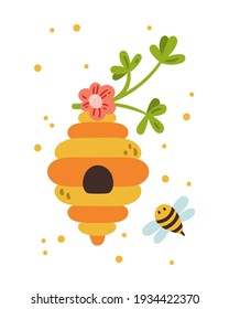 Honey Bee nursery poster, bumblebee kids pre-made card or printable wall art template with cute Bee, baby insect, beehive and flowers for printing, room decorating, vector illustration