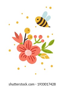 Honey Bee nursery poster, kids bumblebee pre-made card or printable wall art template with cute Bee, baby insect and floral composition for printing, room decorating, vector illustration