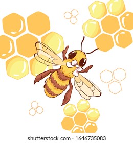 Honey and bee on the background of honeycombs