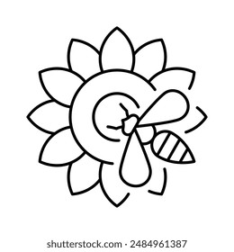 Honey bee on flower, line icon. A worker bee collects pollen on a sunflower. Honey production, beekeeping, apiculture concept. Linear illustration, editable strokes, minimalist symbol