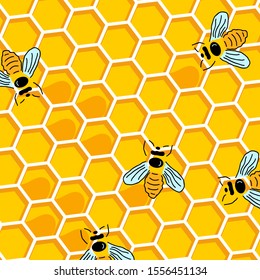 Honey Bee on Honeycomb. Honey seamless pattern background. Bee with Honey and Honeycomb in modern simple flat design. Honeycomb template design for Bee hive. Vector illustration