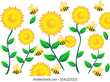Honey bee on sunflower seamless pattern