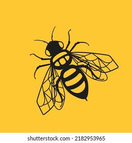 Honey bee on a yellow isolated background. Bumblebee with transparent wings. SVG file for cutting on a plotter.
Vector illustration.