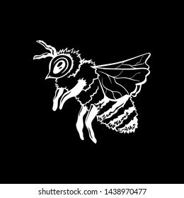Honey Bee, Outline Logo Design. White Chalk Contour on the Black Chalkboard Background.