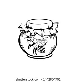 Honey Bee, Outline Logo Design. Isolated Vector. Black Engraved Element. Vintage Style Illustration of Flying Wasp