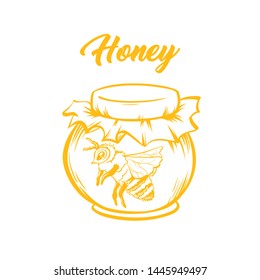 Honey Bee, Outline Logo Design. Isolated Vector. Yellow Engraved Element. Vintage Style Illustration of Flying Wasp