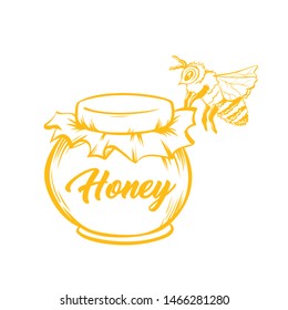 Honey Bee, Outline Logo Design. Isolated Vector. Yellow Engraved Element. Vintage Style Illustration of Flying Wasp